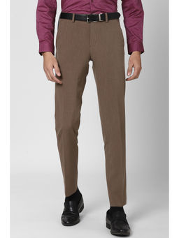Peter England - Brown Textured Polyester Blend Slim Fit Trouser