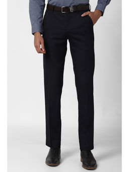 Peter England - Navy Blue Solid Polyester Slim Fit Trouser