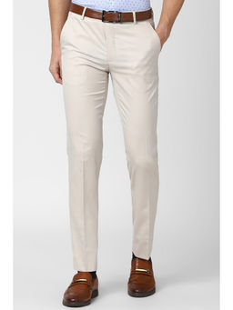 Peter England - Cream Solid Polyester Blend Slim Fit Trouser