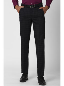 Peter England - Black Checks Polyester Blend Slim Fit Trouser