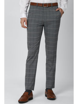 Peter England - Grey Checks Polyester Blend Slim Fit Trouser