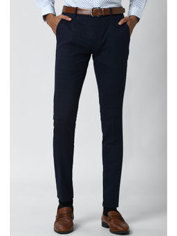 Peter England - Navy Blue Checks Polyester Blend Slim Fit Trouser