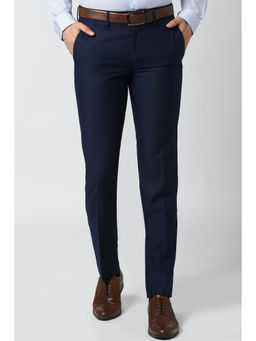 Peter England - Navy Blue Solid Tencel Blend Slim Fit Trouser