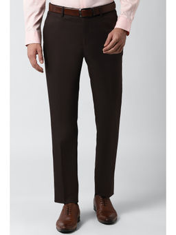 Peter England - Maroon Solid Cotton Blend Slim Fit Trouser