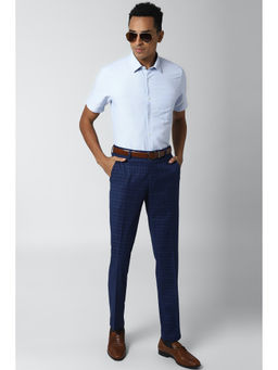 Peter England - Navy Blue Checks Terylene Slim Fit Trouser