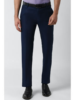 Peter England - Navy Blue Solid Cotton Blend Slim Fit Trouser