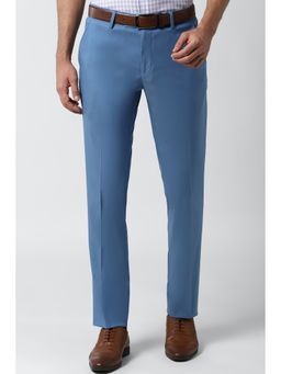 Peter England - Blue Solid Cotton Blend Slim Fit Trouser