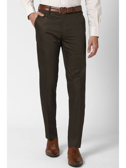 Peter England - Brown Solid Cotton Slim Fit Trouser