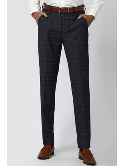 Peter England - Navy Blue Checks Polyester Blend Slim Fit Trouser