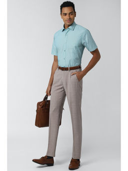 Peter England - Beige Checks Polyester Blend Slim Fit Trouser