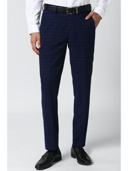 Peter England - Navy Blue Checks Polyester Blend Slim Fit Trouser