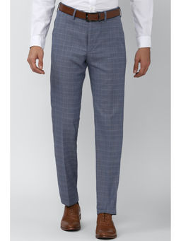 Peter England - Navy Blue Checks Terylene Slim Fit Trouser