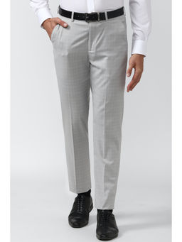 Peter England - Grey Checks Polyester Blend Slim Fit Trouser