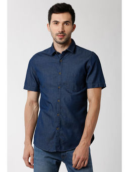Peter England - Blue Textured Cotton Slim Fit Shirt