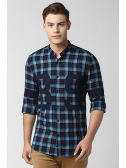 Peter England - Navy Blue Checks Cotton Slim Fit Shirt