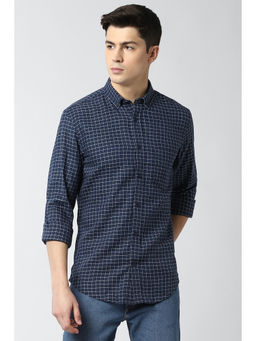 Peter England - Navy Blue Checks Viscose Blend Slim Fit Shirt