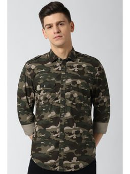 Peter England - Olive Printed Cotton Slim Fit Shirt