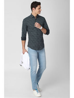 Peter England - Blue Printed Cotton Slim Fit Shirt