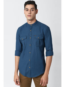 Peter England - Blue Solid Cotton Blend Slim Fit Shirt