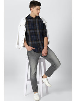 Peter England - Navy Blue Checks Linen Blend Slim Fit Shirt