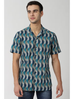 Peter England - Blue Printed Cotton Slim Fit Shirt