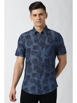 Peter England - Navy Blue Printed Cotton Slim Fit Shirt