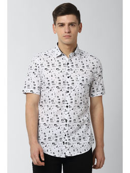 Peter England - White Printed Cotton Slim Fit Shirt
