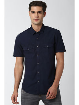 Peter England - Navy Blue Solid Cotton Slim Fit Shirt