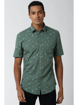 Peter England - Green Printed Cotton Slim Fit Shirt