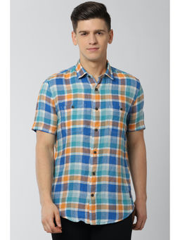 Peter England - Blue Checks Linen Slim Fit Shirt