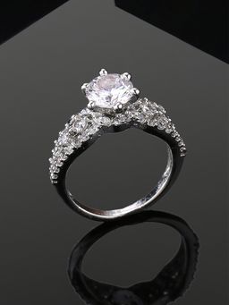 Estele - Rhodium Plated Cz Dazzling Finger Ring With White Stone For Girls & Women