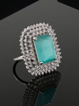 Estele - Rhodium Plated Adjustable Cz Sparkling Finger Ring With Mint Green Stone For Women