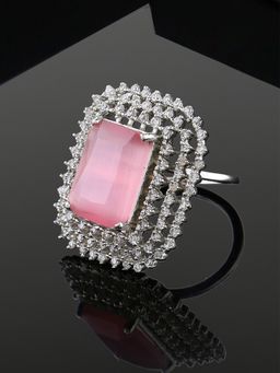 Estele - Rhodium Plated Adjustable Cz Sparkling Finger Ring With Mint Pink Stone For Women