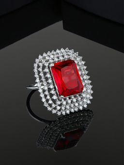 Estele - Rhodium Plated Adjustable Cz Sparkling Finger Ring With Ruby Stone For Girls & Women