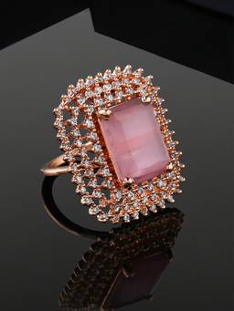 Estele - Rose Gold Plated Adjustable Cz Sparkling Finger Ring With Mint Pink Stone For Women