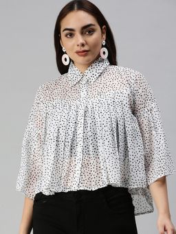 SHOWOFF - Women Collar Neck Flare Sleeves Polka Dots White Top