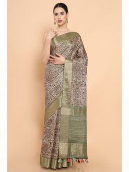 Soch - Women Beige Cotton Printed Saree with Unstitched Blouse