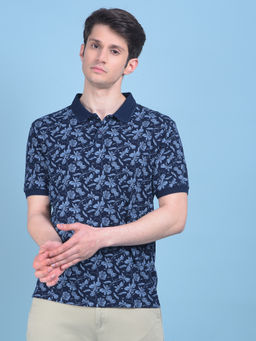 CRIMSOUNE CLUB - Mens Navy Blue Floral Print Polo T-Shirt