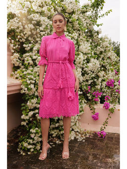 BOHO-CHIC By Sukriti Jain - Cosmos Pink Shirt Midi Dress with Belt