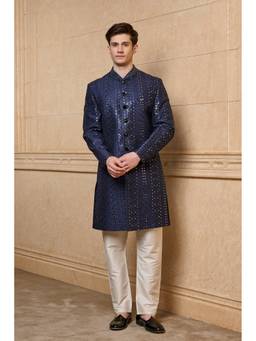 TASVA - Navy Blue Embroidered Sherwani Kurta with Pant