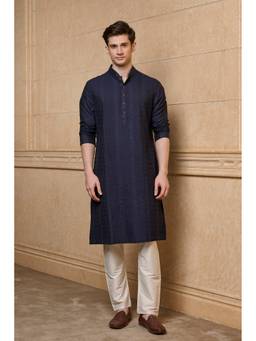 TASVA - Navy Blue Self Textured Kurta with Churidar