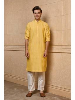 TASVA - Yellow Self Textured Kurta with Churidar