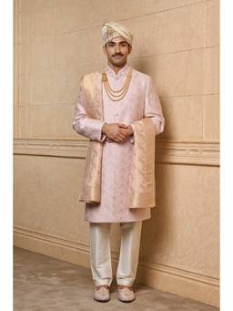 TASVA - Pink Embroidered Sherwani Kurta with Pyjama and Stole