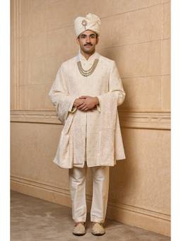 TASVA - Mens Ivory Embroidered Sherwani Kurta with Pyjama and Stole