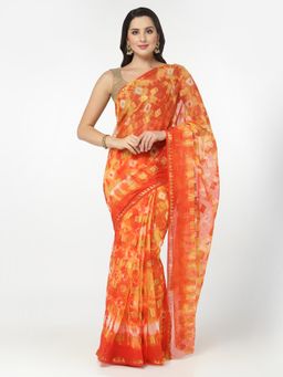 KISHORI - Chiffon Tie Dye Print and Zari Weaving Saree with Unstitched Blouse - Orange