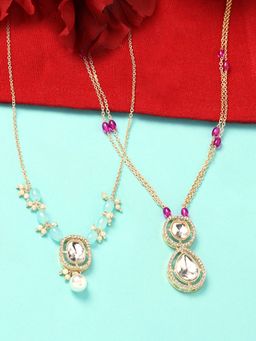 Zaveri Pearls - Set Of 2 Turquoise Blue Purple Austrian Diamonds & Beads Necklaces-ZPFK16838
