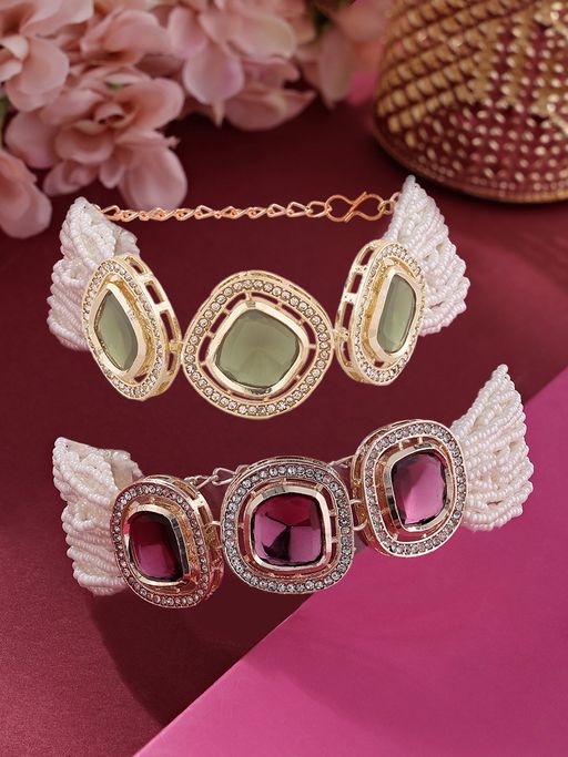 Zaveri Pearls Set Of 2 Purple Green Multistrand Austrian Diamonds Bracelets-ZPFK16875
