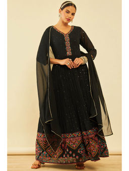 Soch - Womens Black Georgette Anarkali Mirror Work with Churidar (Set of 3)