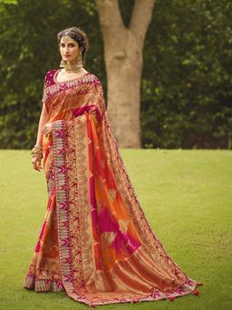 Odette - Womens Orange Dola Silk Saree with Unstitched Blouse