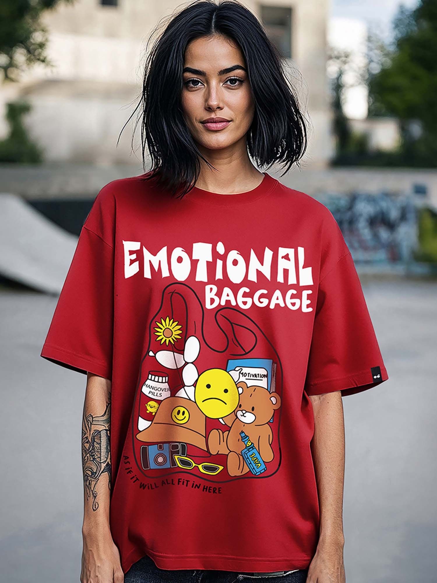 bewakoof Women's Red Emotional Baggage Graphic Printed Oversized T-shirt-picture-11